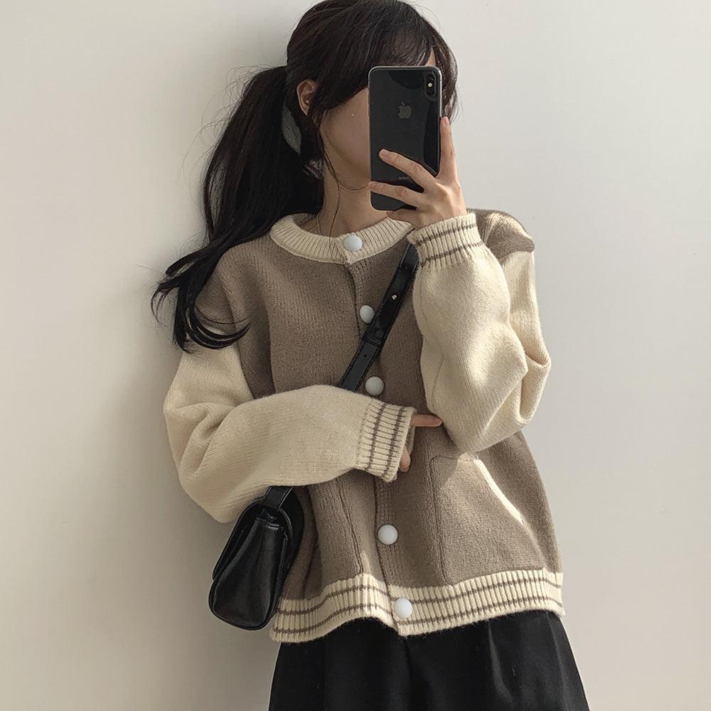 【現貨navy】韓系撞色棒球針織外套 - IKIMSTORE