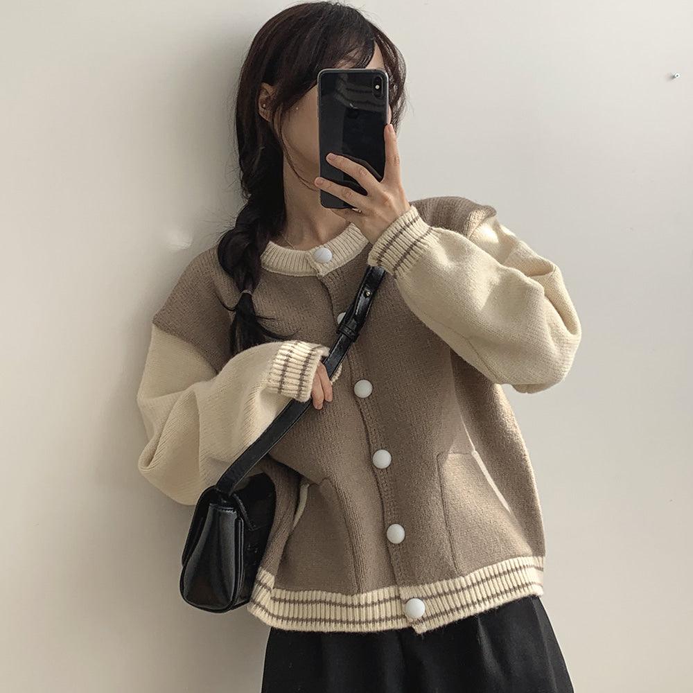 【現貨navy】韓系撞色棒球針織外套 - IKIMSTORE