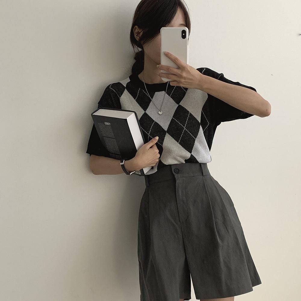 【可愛】韓製溫柔撞色菱格針織上衣<KR> - IKIMSTORE
