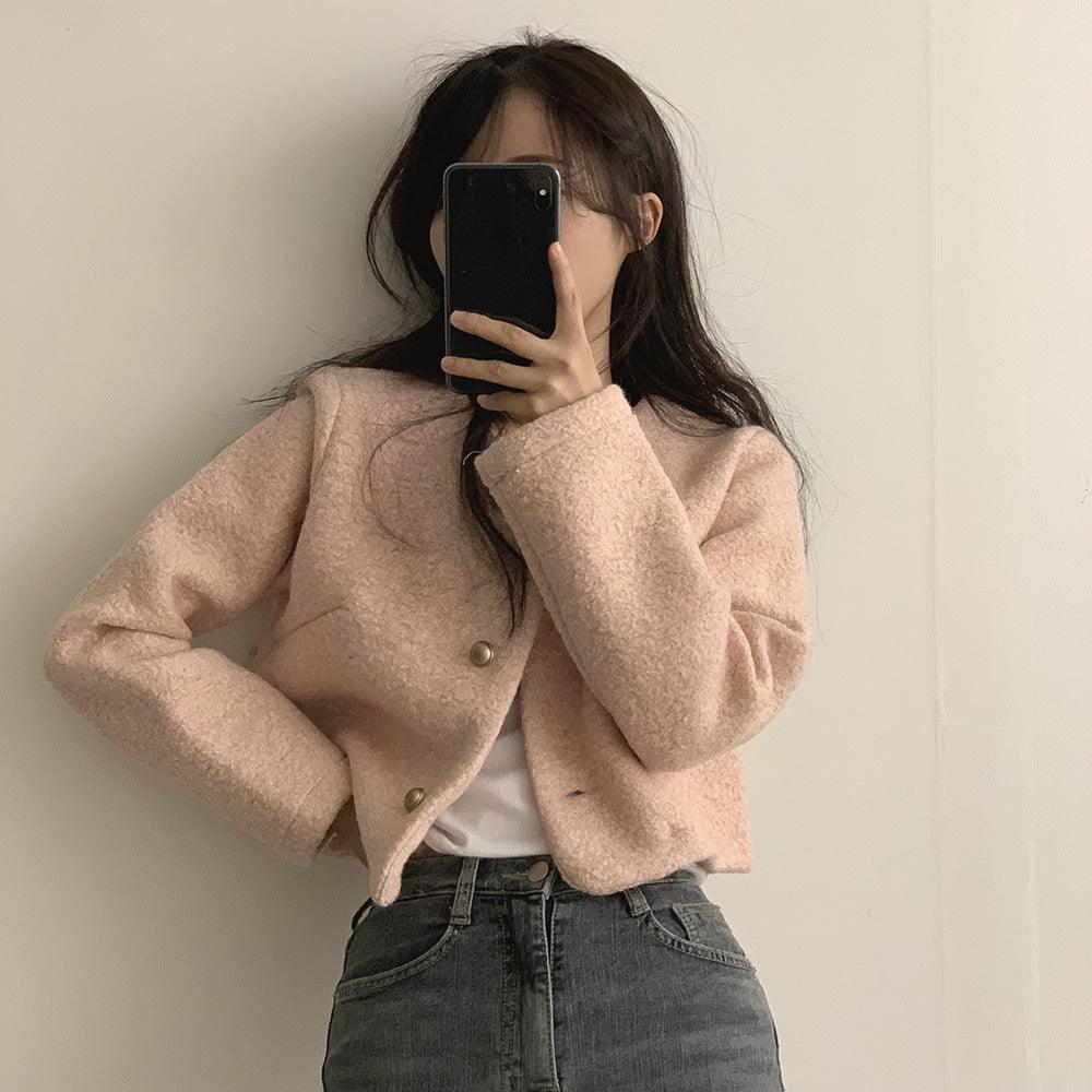 【混金線🥂】韓製圓領毛呢金扣外套<KR> - IKIMSTORE