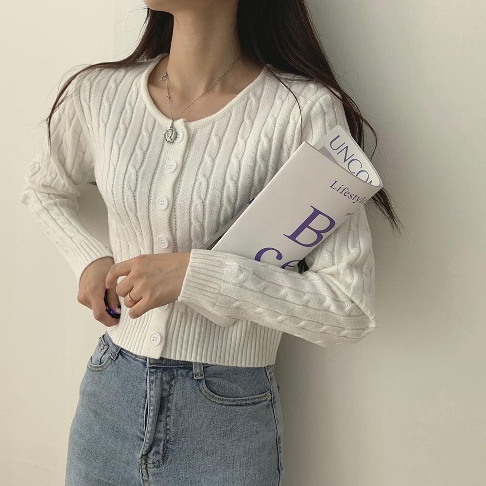 韓製圓領麻花修身針織外套<KR> - IKIMSTORE