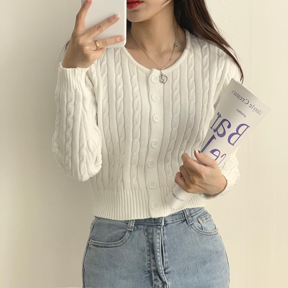 韓製圓領麻花修身針織外套<KR> - IKIMSTORE