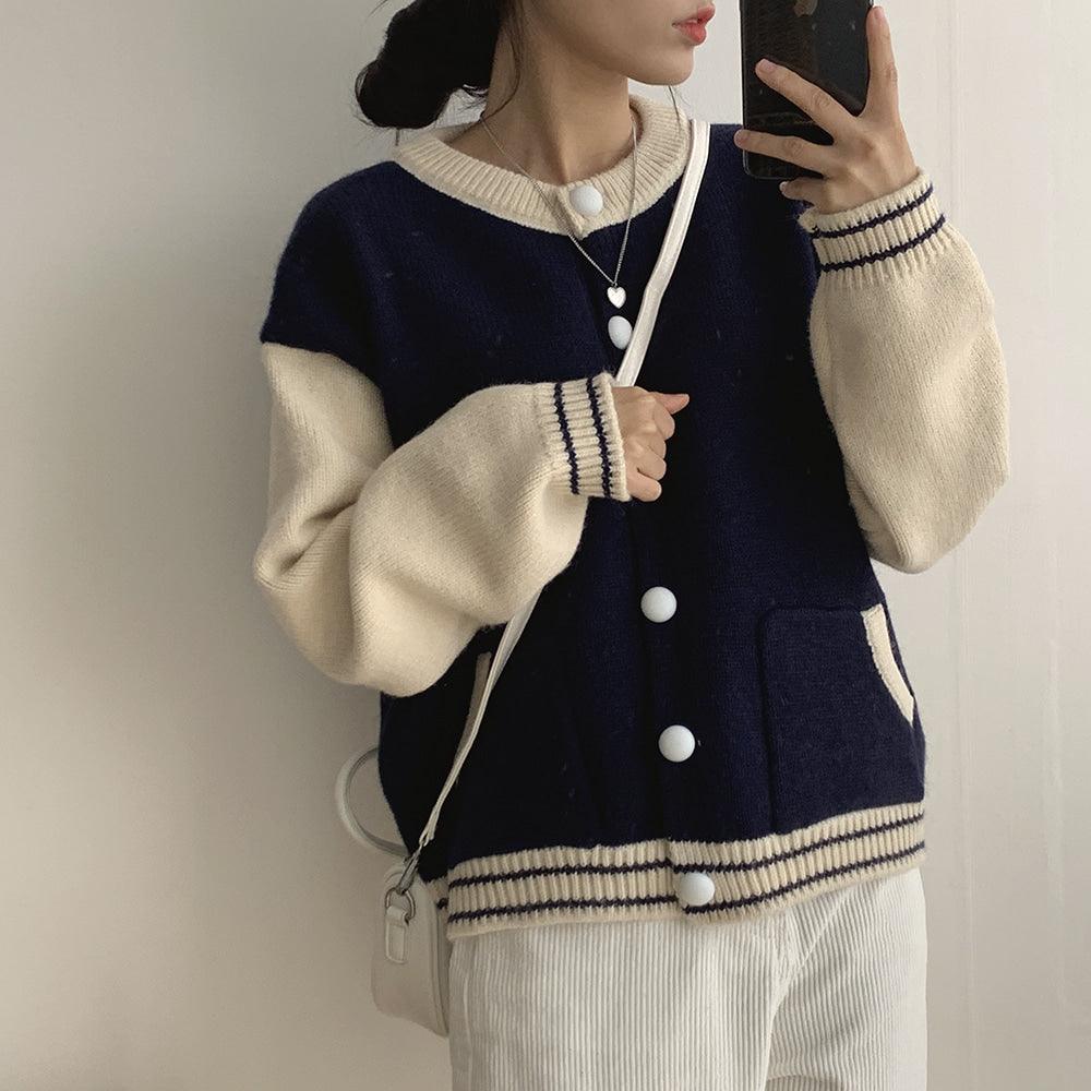 【現貨navy】韓系撞色棒球針織外套 - IKIMSTORE