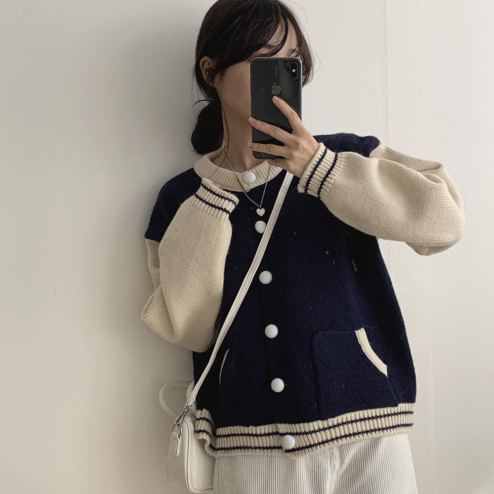 【現貨navy】韓系撞色棒球針織外套 - IKIMSTORE