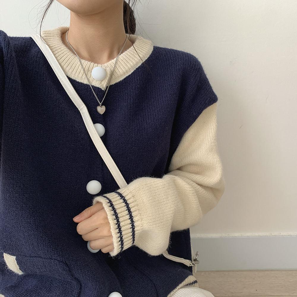 【現貨navy】韓系撞色棒球針織外套 - IKIMSTORE