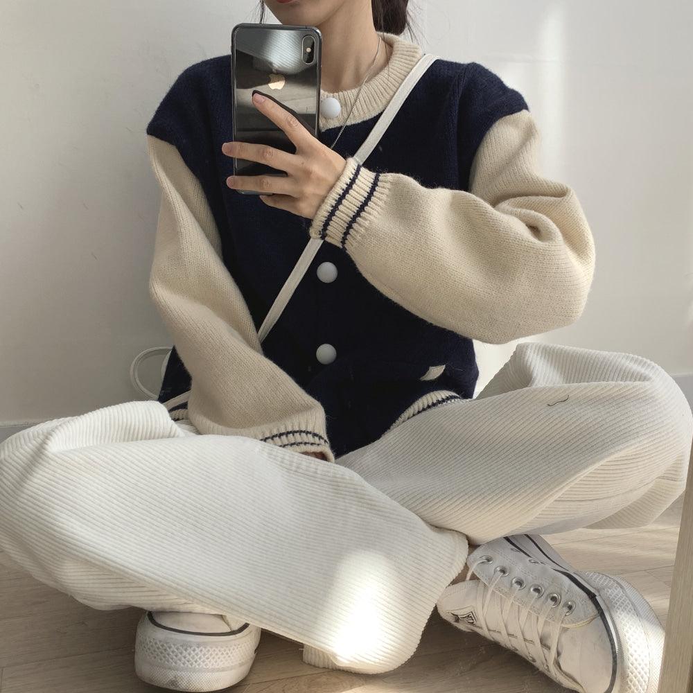 【現貨navy】韓系撞色棒球針織外套 - IKIMSTORE