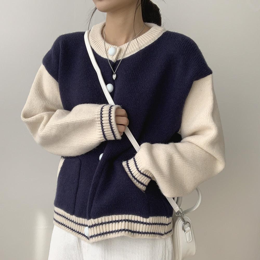 【現貨navy】韓系撞色棒球針織外套 - IKIMSTORE
