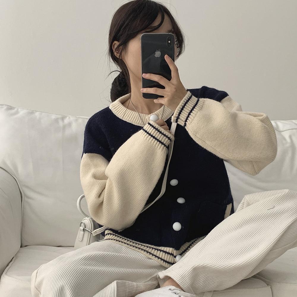 【現貨navy】韓系撞色棒球針織外套 - IKIMSTORE