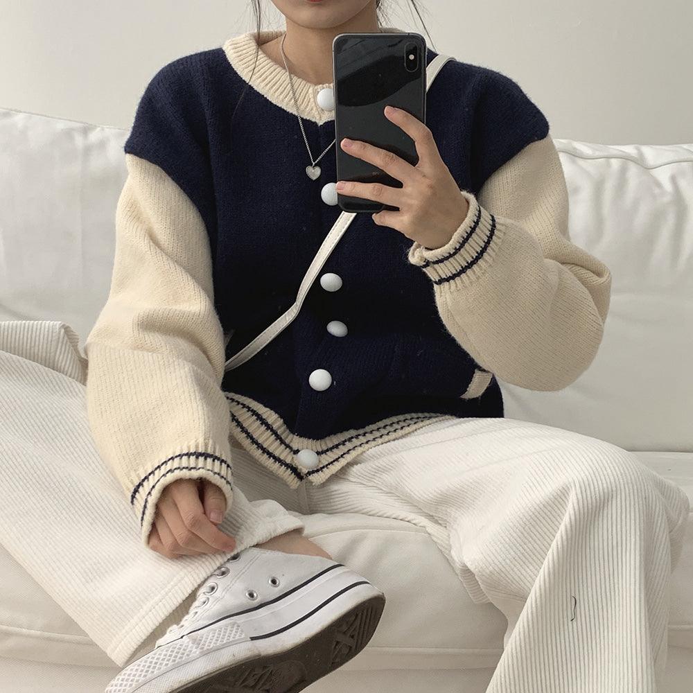 【現貨navy】韓系撞色棒球針織外套 - IKIMSTORE
