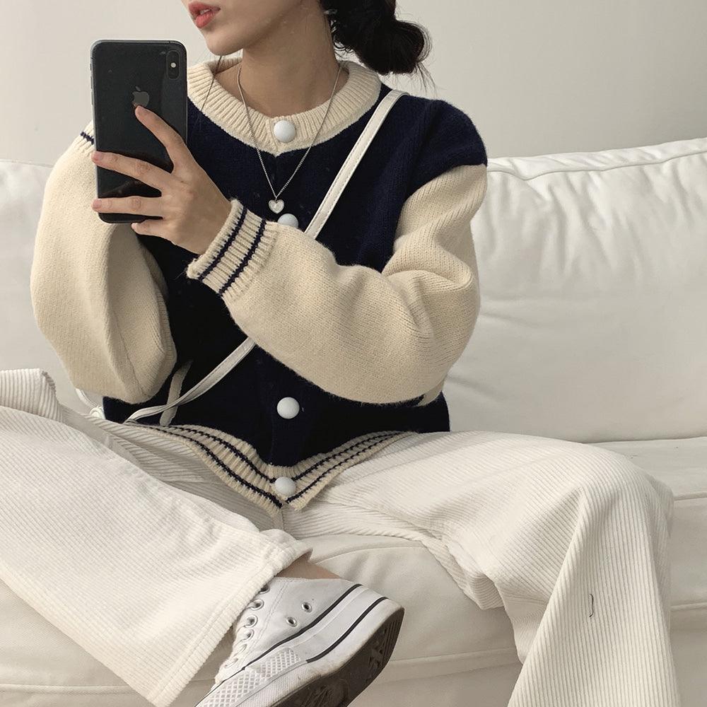 【現貨navy】韓系撞色棒球針織外套 - IKIMSTORE