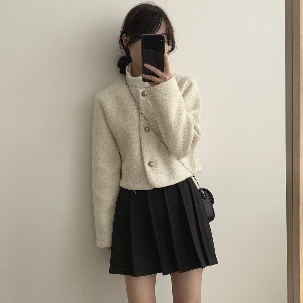 【混金線🥂】韓製圓領毛呢金扣外套<KR> - IKIMSTORE