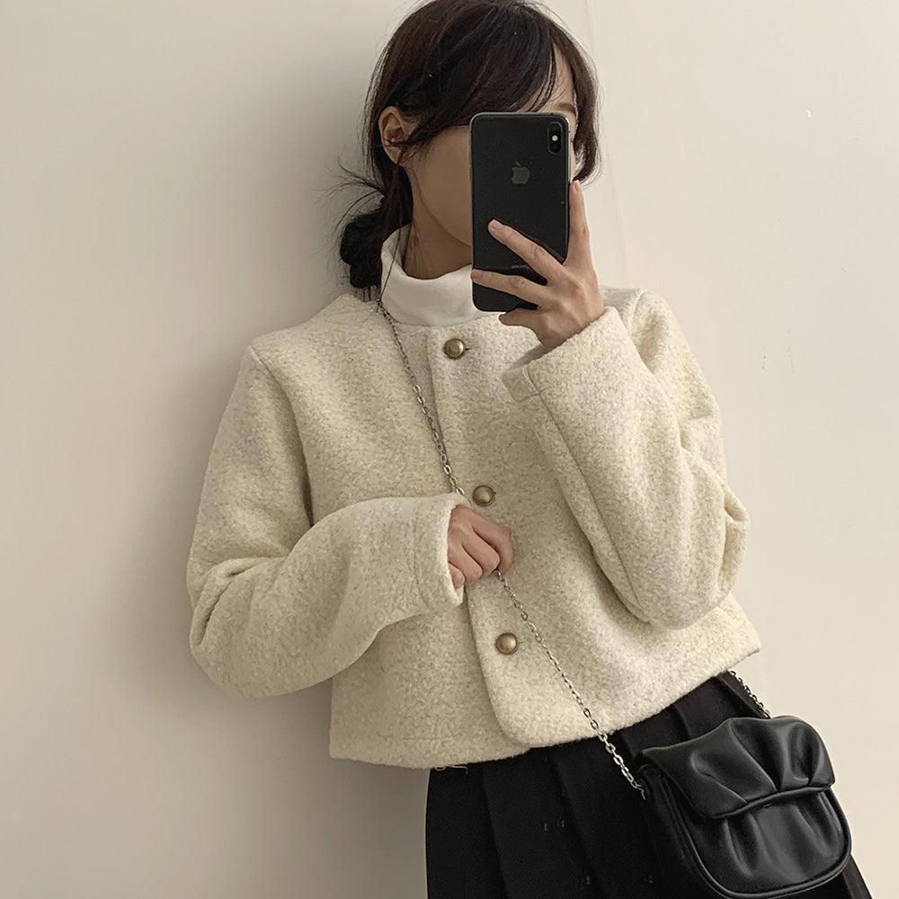 【混金線🥂】韓製圓領毛呢金扣外套<KR> - IKIMSTORE