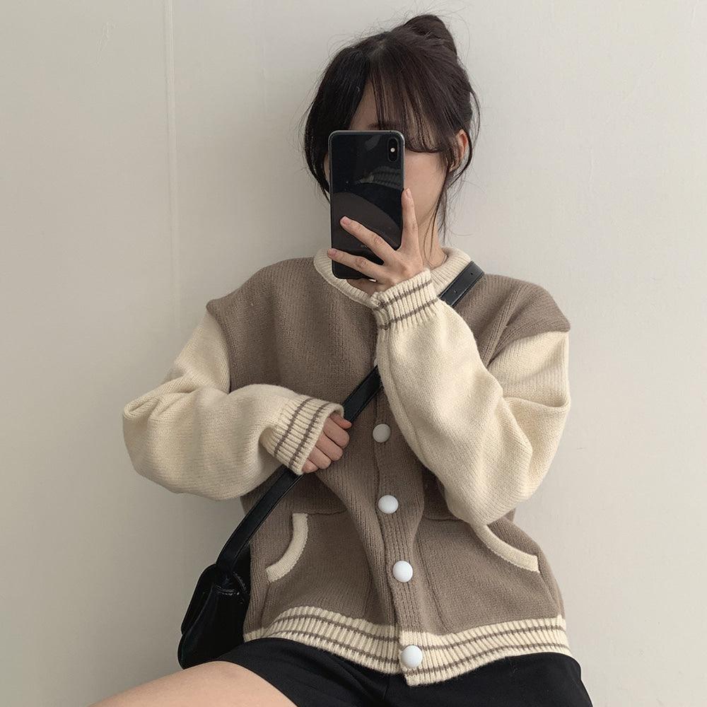 【現貨navy】韓系撞色棒球針織外套 - IKIMSTORE