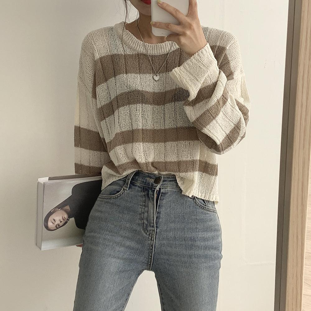 【現貨Beige/寬鬆薄款】韓製直坑條紋針織上衣<KR> - IKIMSTORE