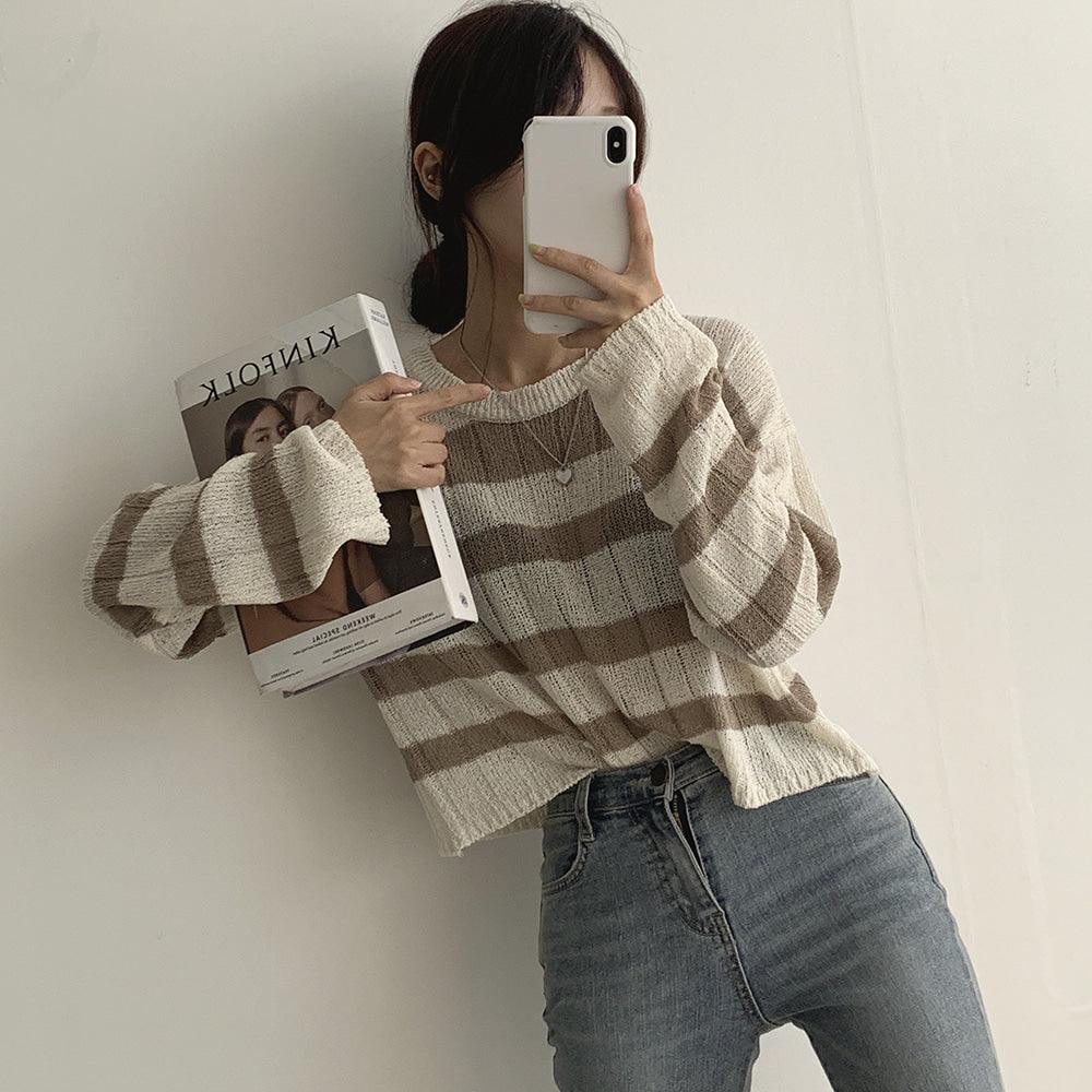 【現貨Beige/寬鬆薄款】韓製直坑條紋針織上衣<KR> - IKIMSTORE