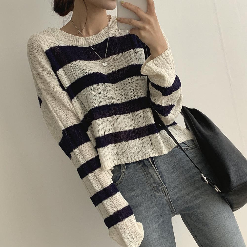 【現貨Beige/寬鬆薄款】韓製直坑條紋針織上衣<KR> - IKIMSTORE