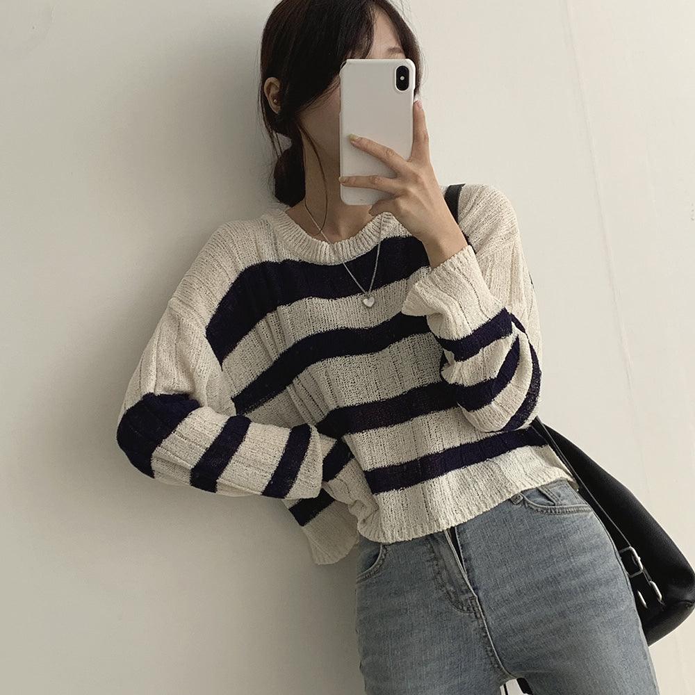 【現貨Beige/寬鬆薄款】韓製直坑條紋針織上衣<KR> - IKIMSTORE