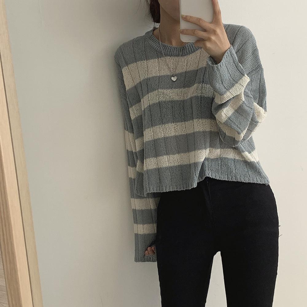 【現貨Beige/寬鬆薄款】韓製直坑條紋針織上衣<KR> - IKIMSTORE