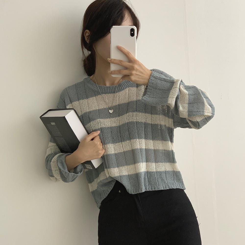 【現貨Beige/寬鬆薄款】韓製直坑條紋針織上衣<KR> - IKIMSTORE
