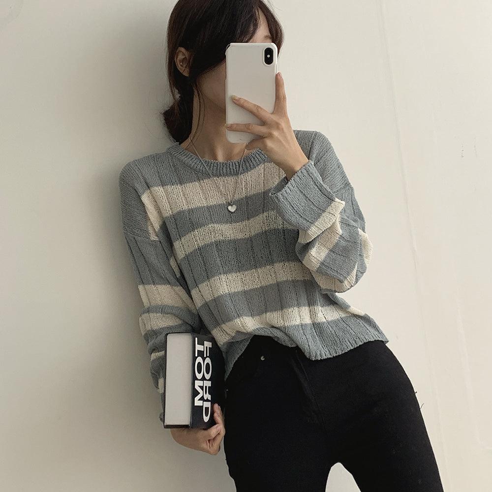 【現貨Beige/寬鬆薄款】韓製直坑條紋針織上衣<KR> - IKIMSTORE