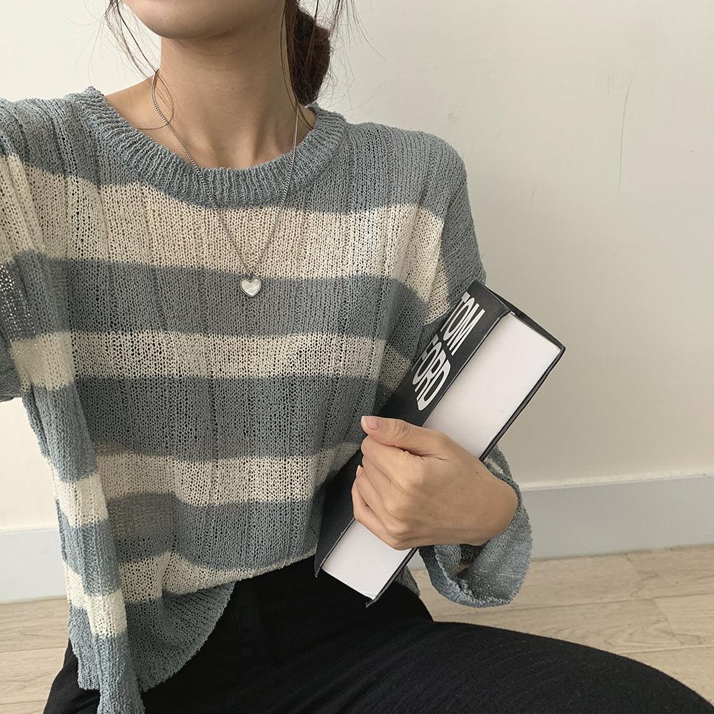 【現貨Beige/寬鬆薄款】韓製直坑條紋針織上衣<KR> - IKIMSTORE