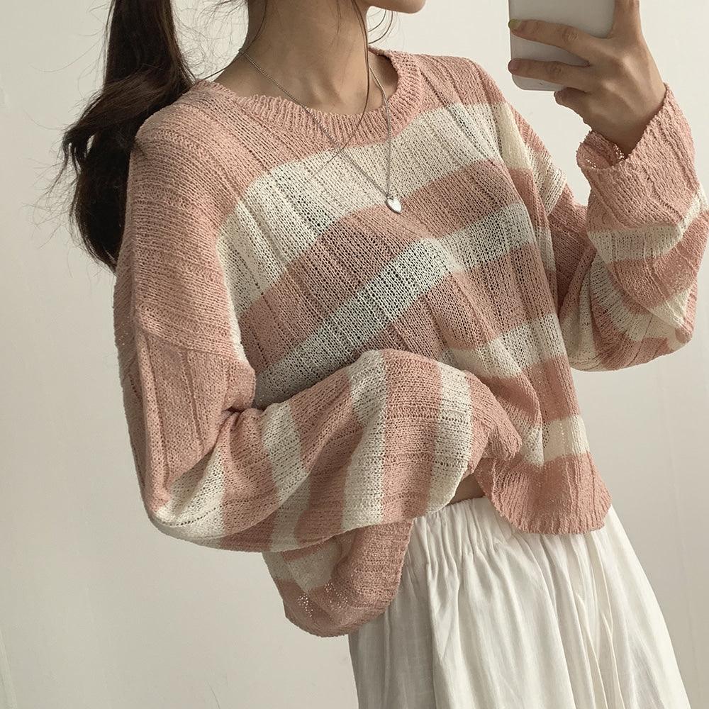 【現貨Beige/寬鬆薄款】韓製直坑條紋針織上衣<KR> - IKIMSTORE