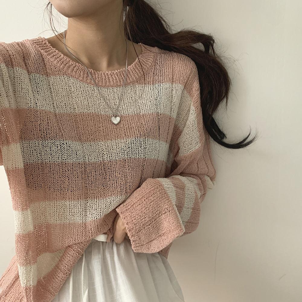 【現貨Beige/寬鬆薄款】韓製直坑條紋針織上衣<KR> - IKIMSTORE