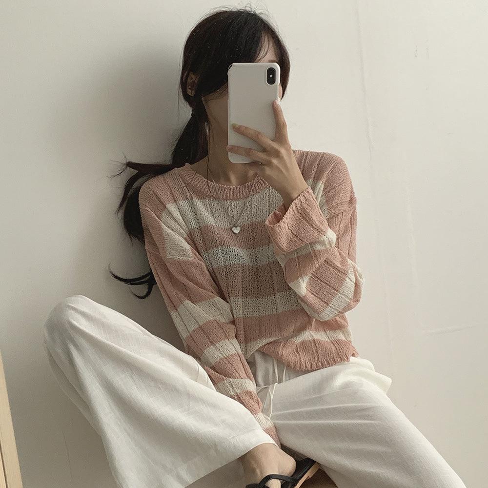 【現貨Beige/寬鬆薄款】韓製直坑條紋針織上衣<KR> - IKIMSTORE