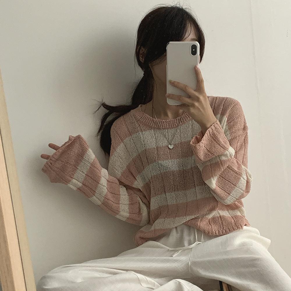 【現貨Beige/寬鬆薄款】韓製直坑條紋針織上衣<KR> - IKIMSTORE