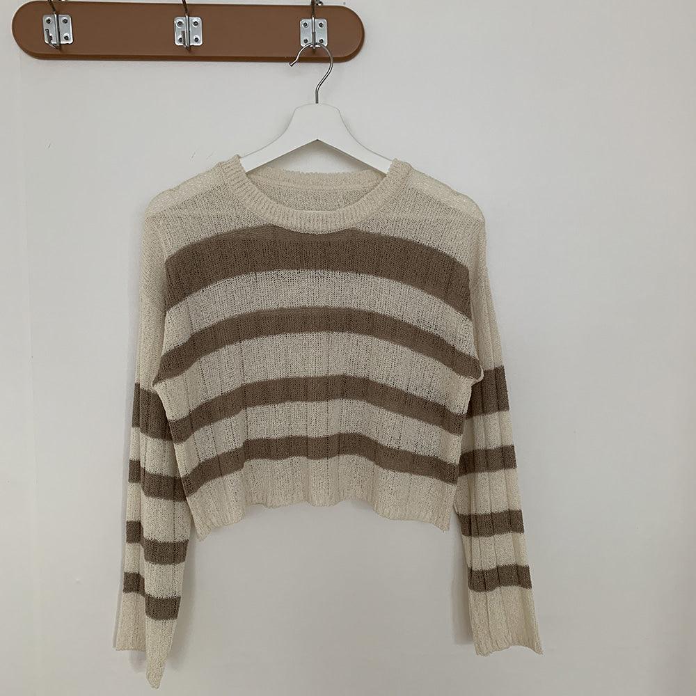 【現貨Beige/寬鬆薄款】韓製直坑條紋針織上衣<KR> - IKIMSTORE