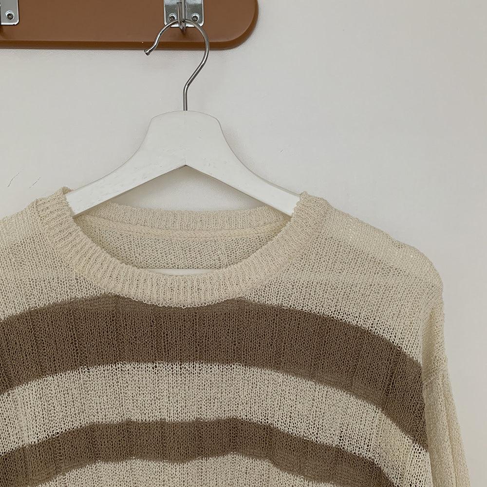 【現貨Beige/寬鬆薄款】韓製直坑條紋針織上衣<KR> - IKIMSTORE