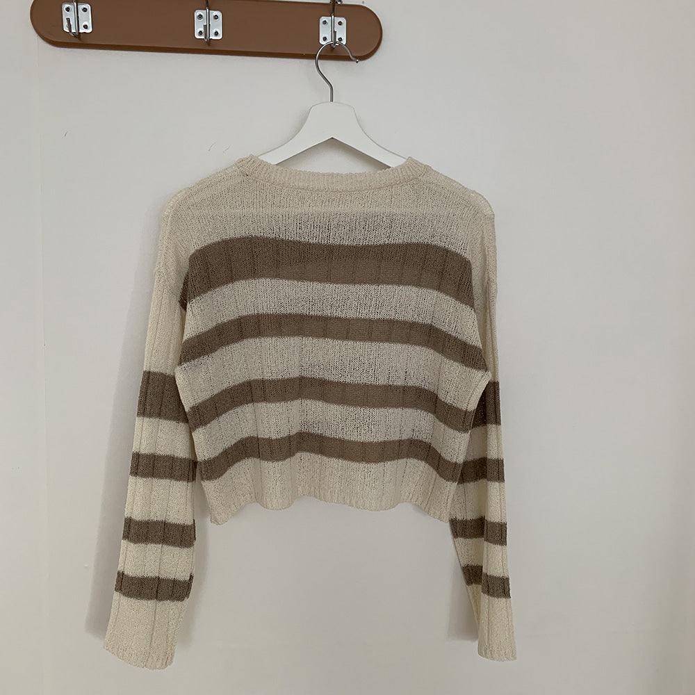 【現貨Beige/寬鬆薄款】韓製直坑條紋針織上衣<KR> - IKIMSTORE