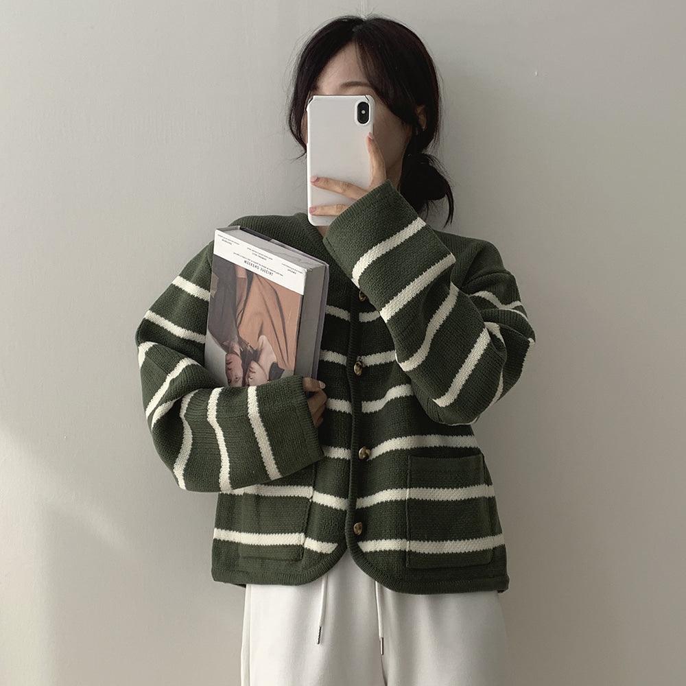 【現貨白黑】韓製條紋金扣口袋外套<KR> - IKIMSTORE
