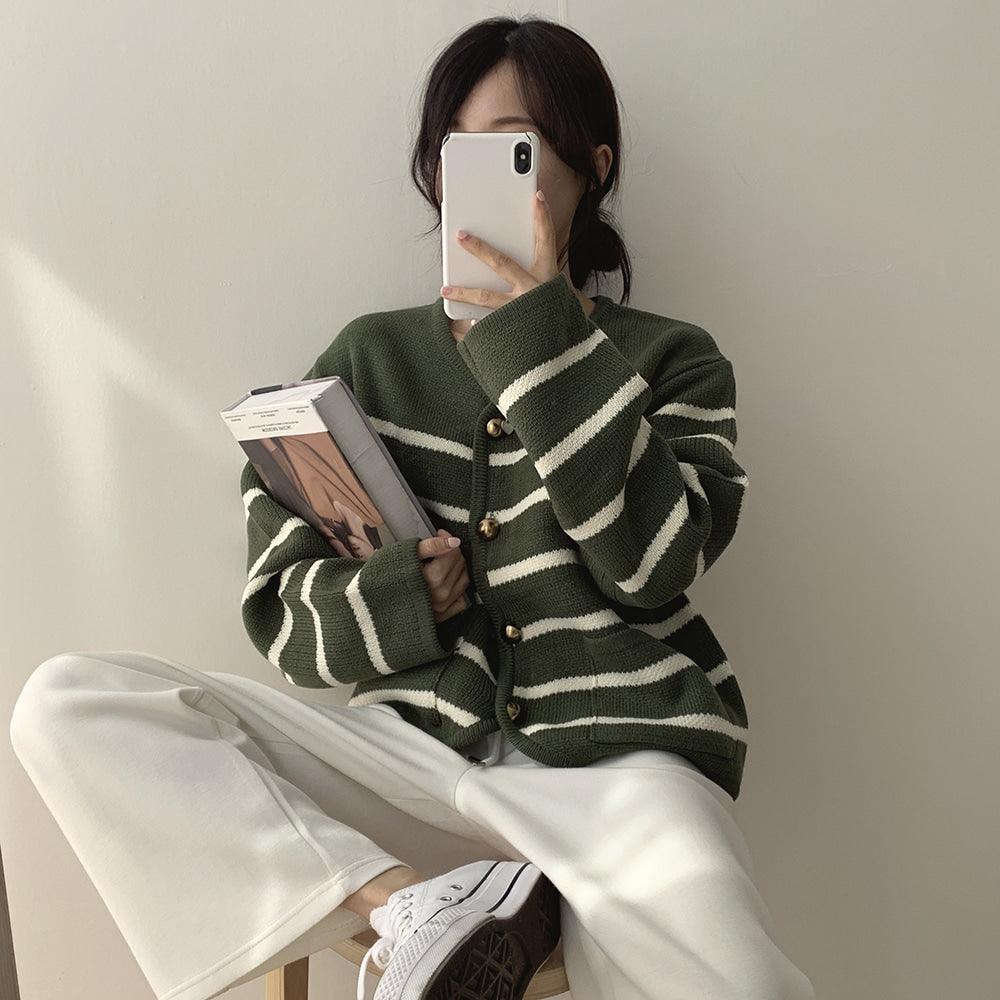 【現貨白黑】韓製條紋金扣口袋外套<KR> - IKIMSTORE