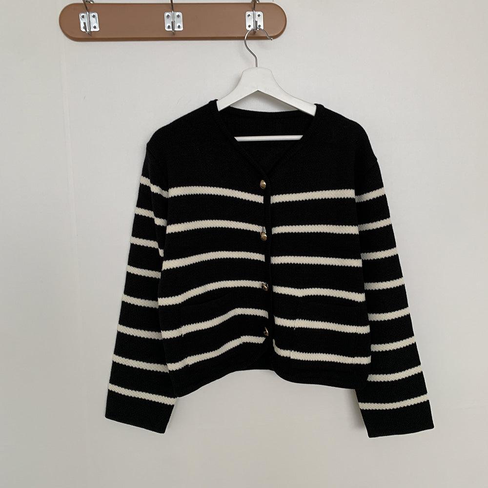 【現貨白黑】韓製條紋金扣口袋外套<KR> - IKIMSTORE