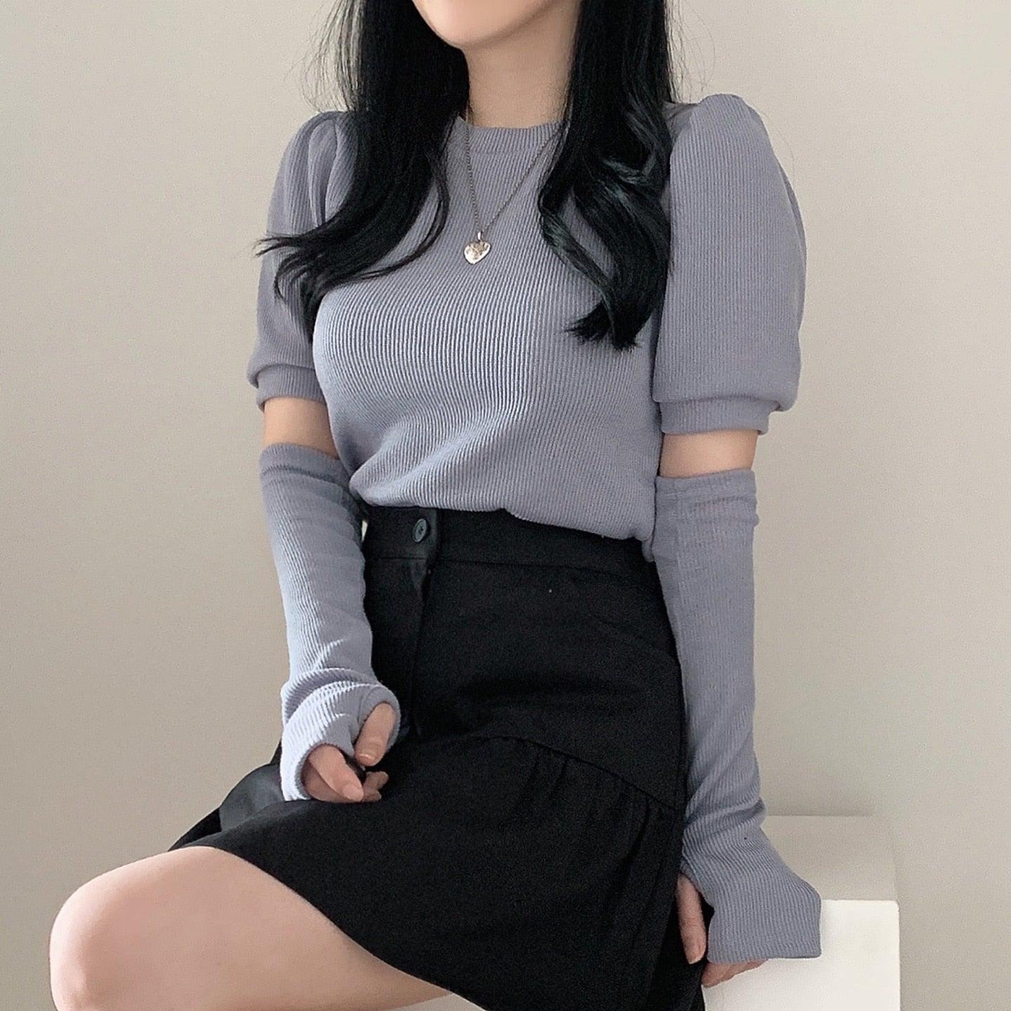 韓製羅紋泡泡袖T恤+手袖套裝<KR> - IKIMSTORE