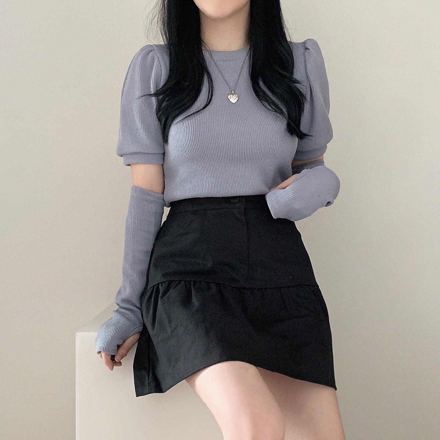 韓製羅紋泡泡袖T恤+手袖套裝<KR> - IKIMSTORE