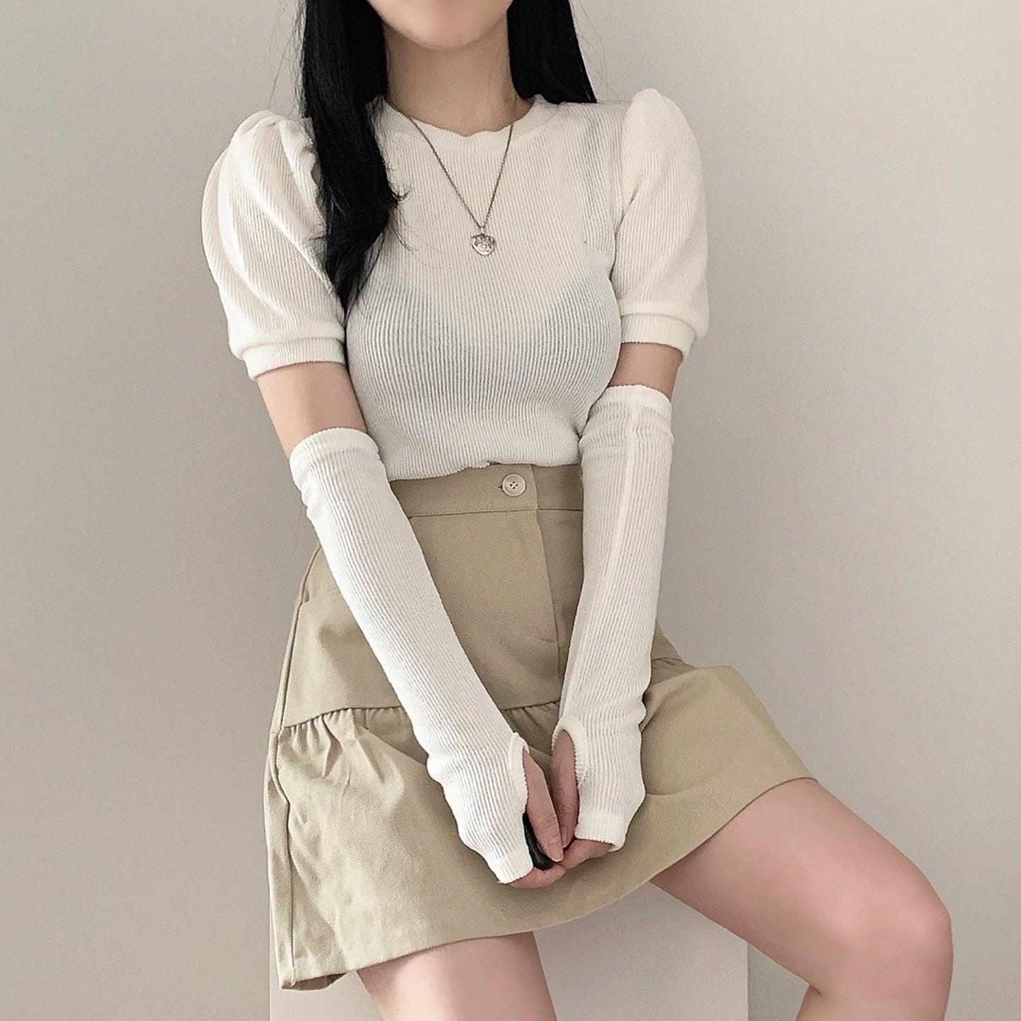 韓製羅紋泡泡袖T恤+手袖套裝<KR> - IKIMSTORE