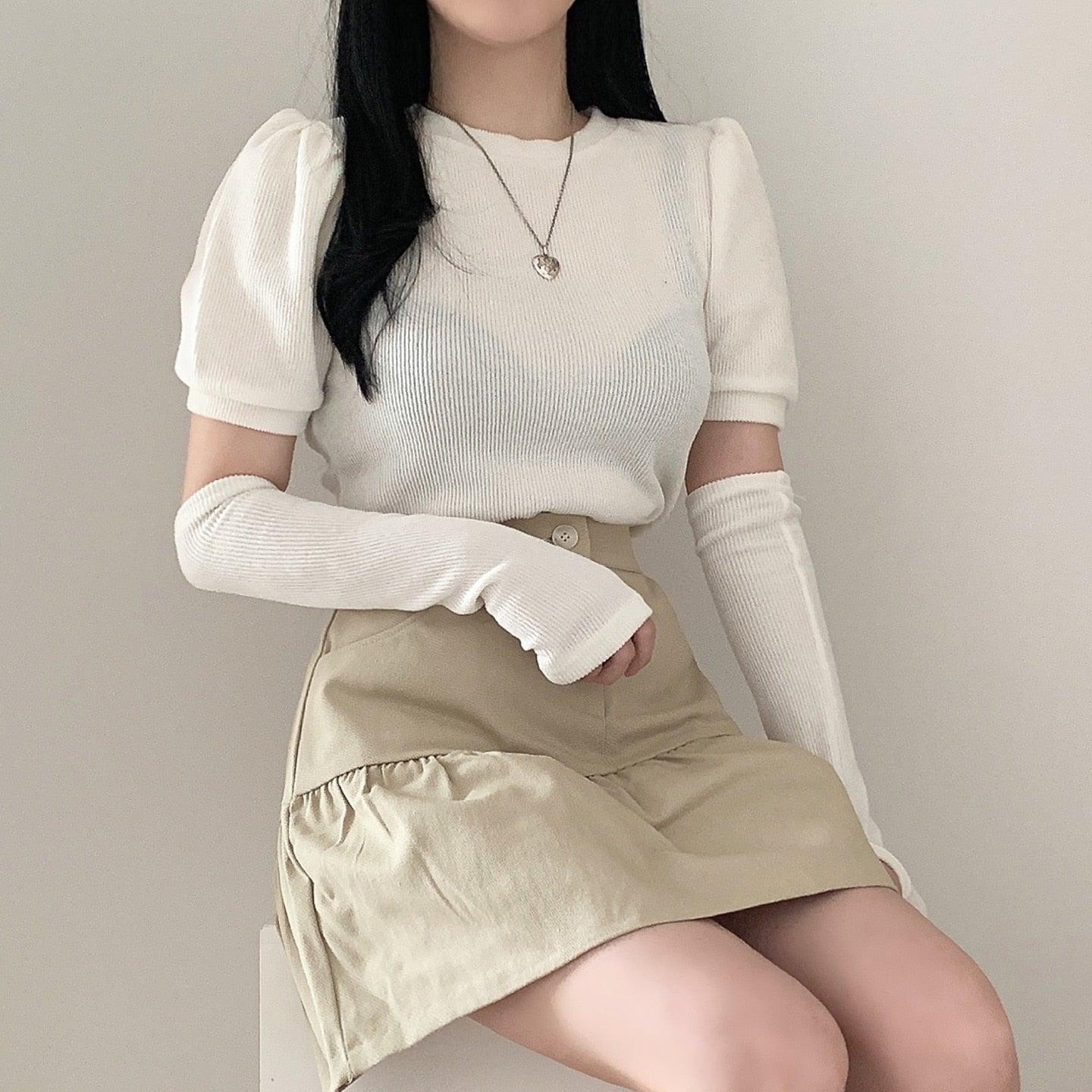 韓製羅紋泡泡袖T恤+手袖套裝<KR> - IKIMSTORE
