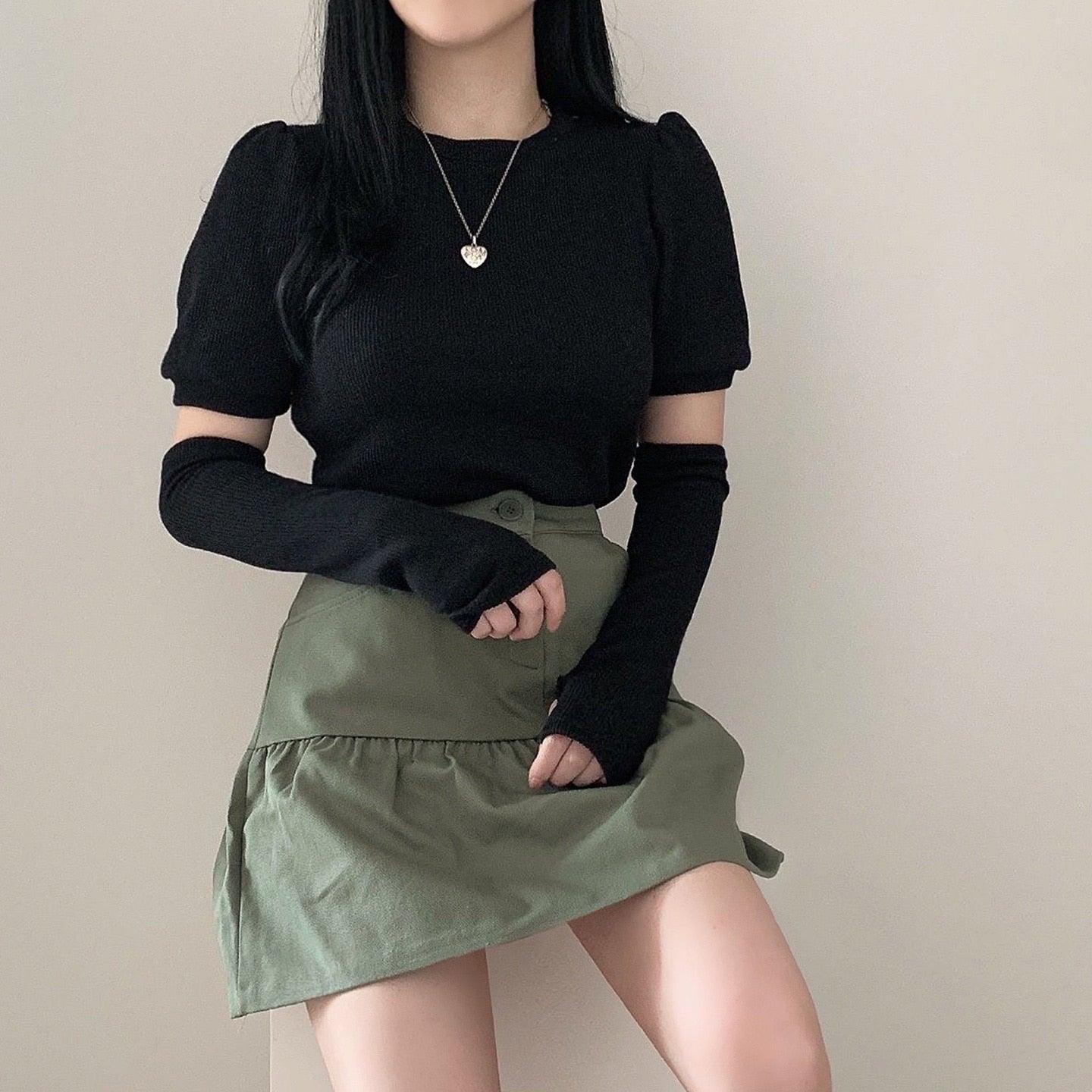 韓製羅紋泡泡袖T恤+手袖套裝<KR> - IKIMSTORE