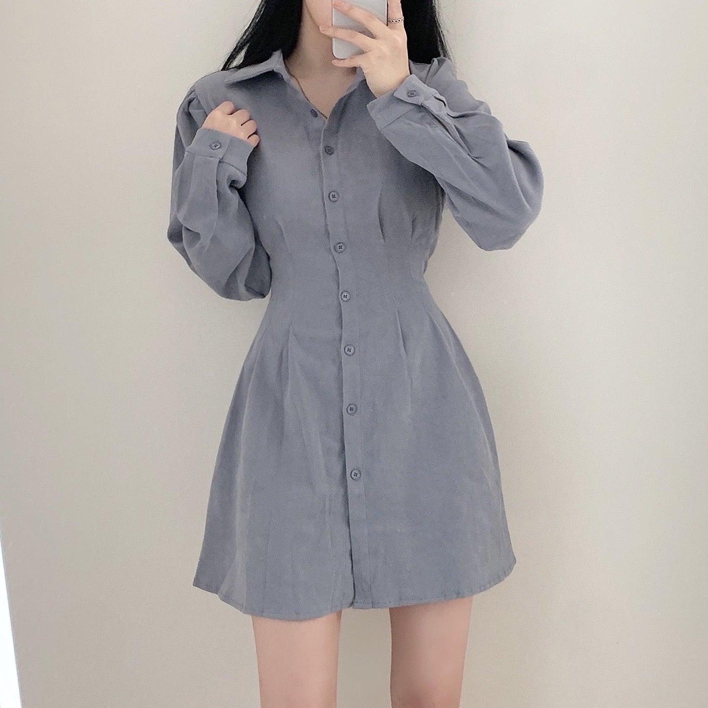 【現貨黑】燈芯絨細褶綁帶恤衫連衣裙(4color) - IKIMSTORE