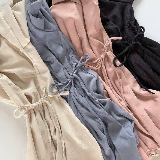 【現貨黑】燈芯絨細褶綁帶恤衫連衣裙(4color) - IKIMSTORE