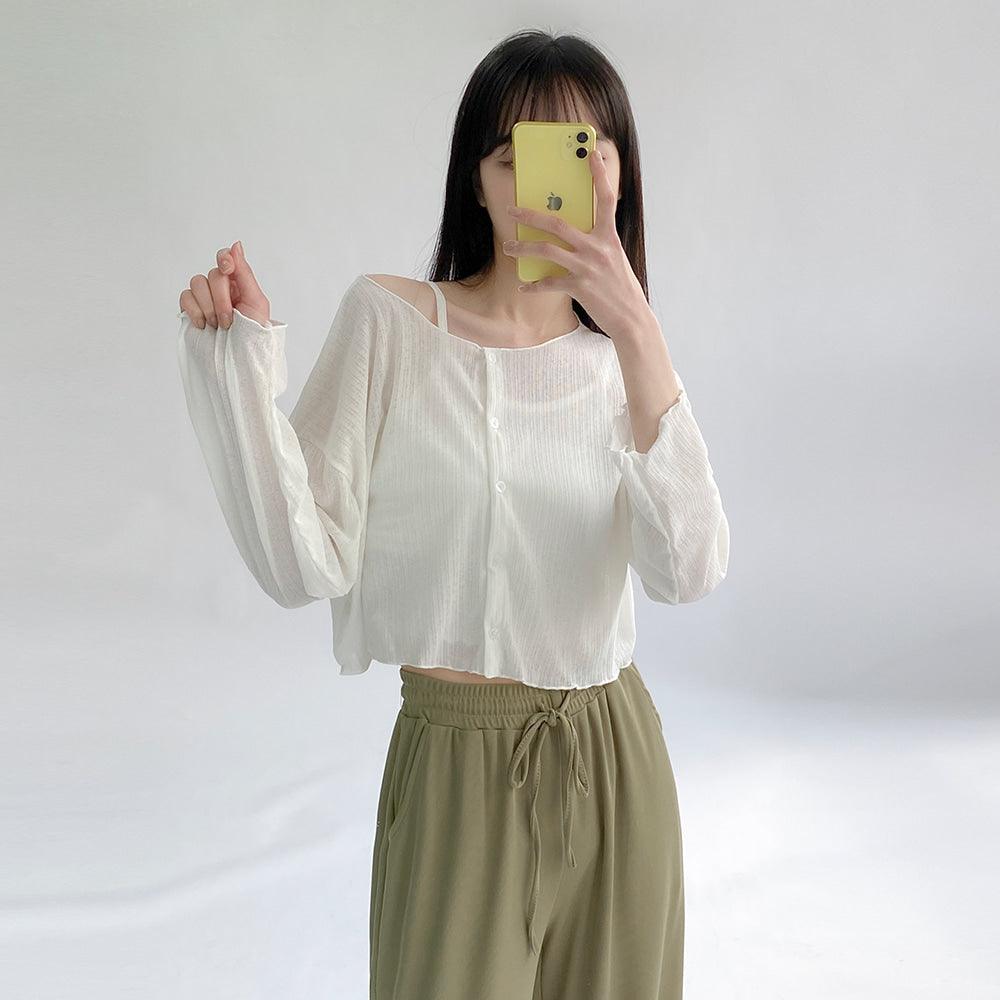 【現貨黑】涼感薄款♡ 木耳花邊背心外套SET - IKIMSTORE