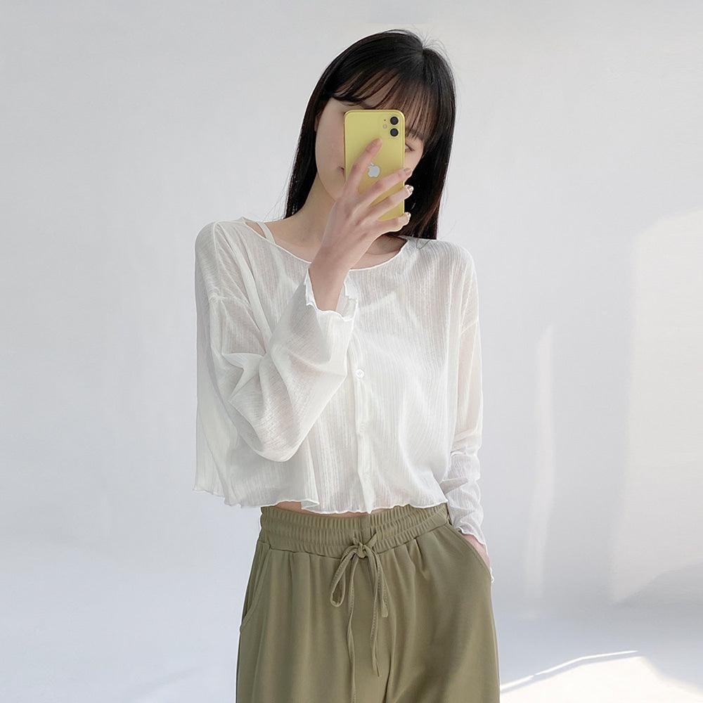 【現貨黑】涼感薄款♡ 木耳花邊背心外套SET - IKIMSTORE