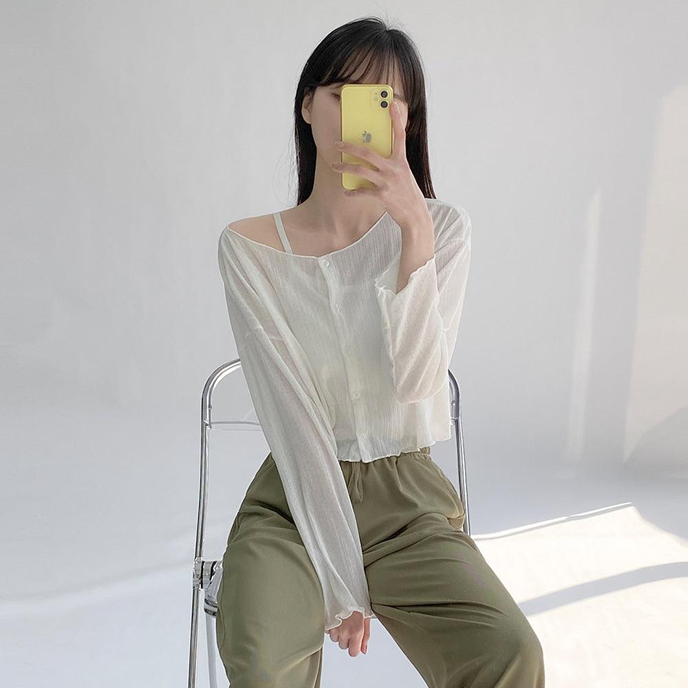 【現貨黑】涼感薄款♡ 木耳花邊背心外套SET - IKIMSTORE