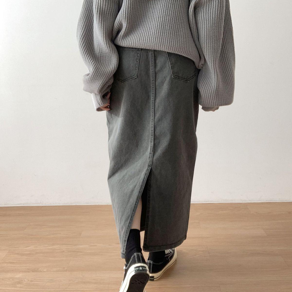 水洗開叉牛仔長裙<KR> - IKIMSTORE