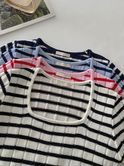 【現貨】針織條紋方領上衣<KR> - IKIMSTORE