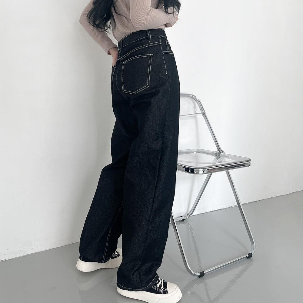 【現貨黑M】明線闊腳牛仔褲 <KR> (S-L) - IKIMSTORE