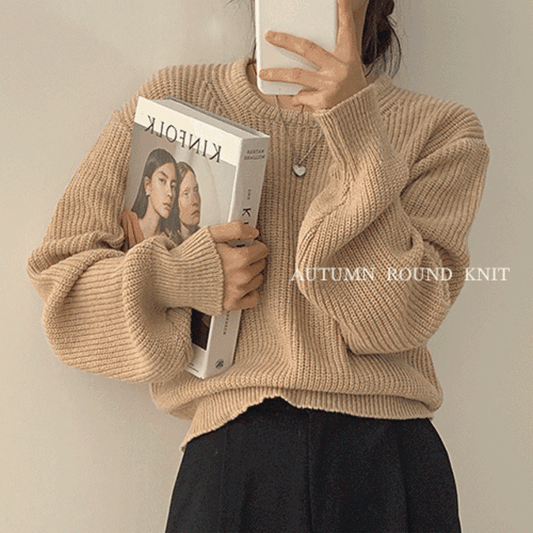【12色】韓製鬆餅圓領粗針織上衣<KR> - IKIMSTORE