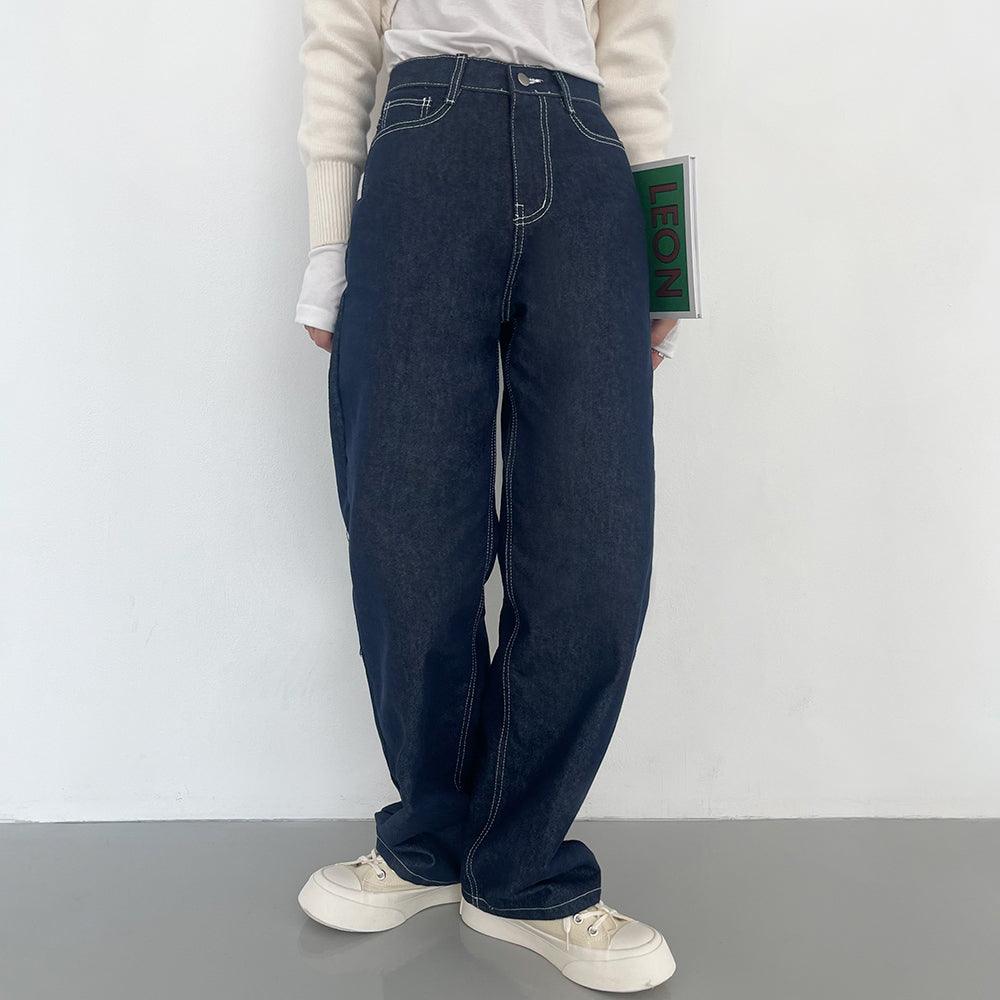 【現貨黑M】明線闊腳牛仔褲<KR> (S-L) - IKIMSTORE